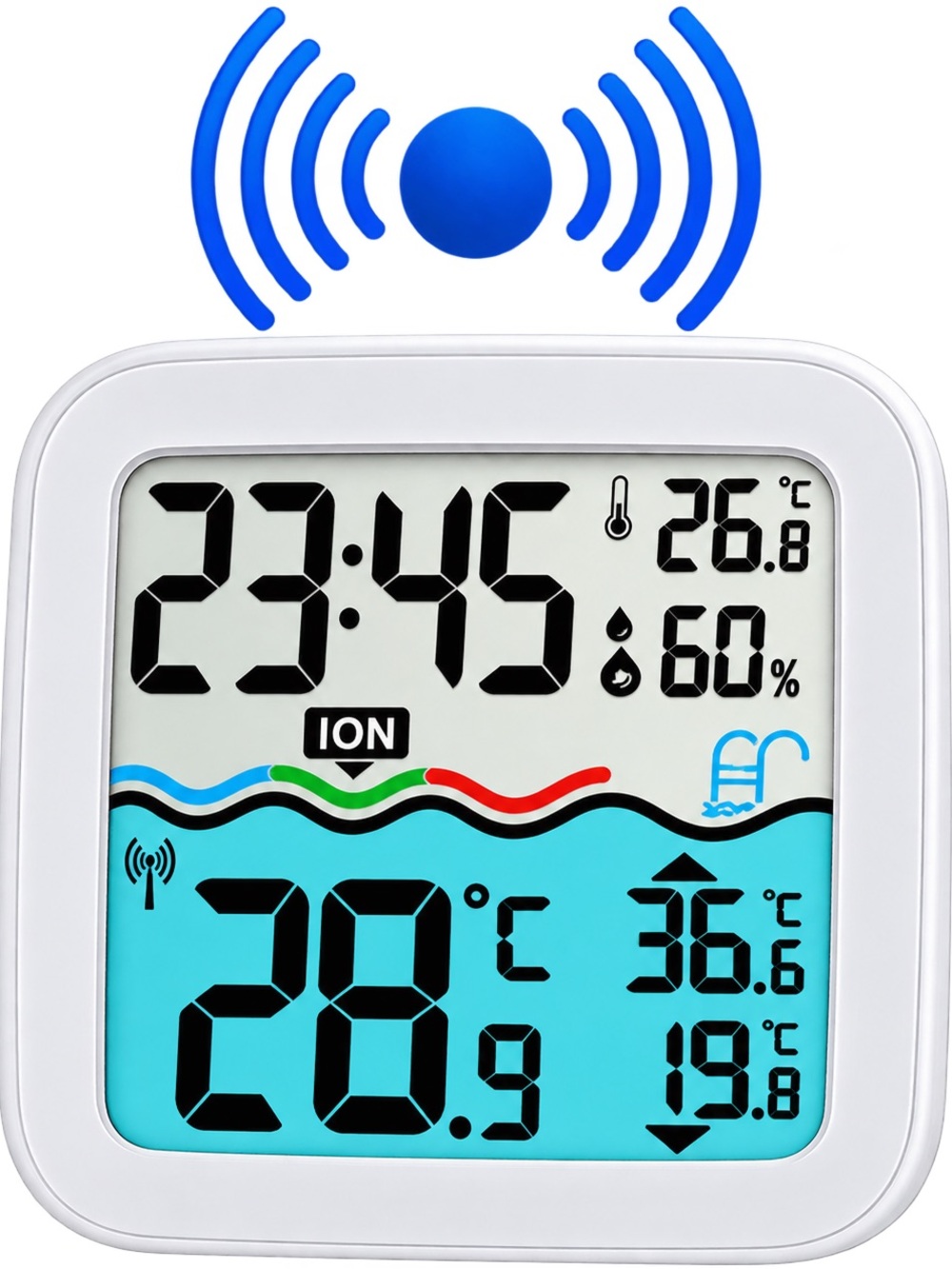 ION Pool Thermometer w/ Indoor Temp & Humidity Display, Alarm, Max/Min, °C/°F